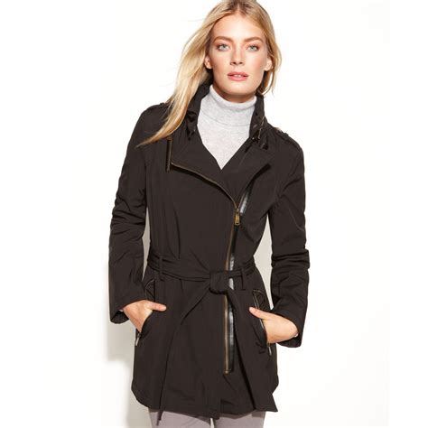 michael michael kors asymmetrical belted coat black m|Michael Michael Kors Women's Asymmetrical Zip Trench Coat, .